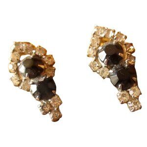 Vintage Gold-Tone Rhinestone Clip-On Earrings With Black & Clear Stones